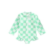 Genuiskids Toddler Baby Girls Checkerboard Swimwear Beachwear Ruffles Long Sleeve One Piece Zipper Rash Guard Swimsuit Bathing Suit